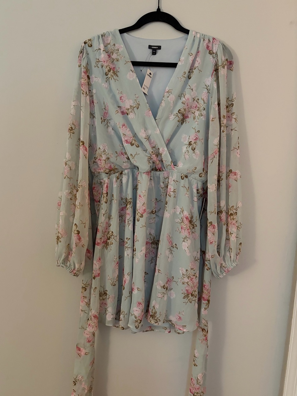 Express Floral Wrap Mini Dress in Mint with Pink Roses